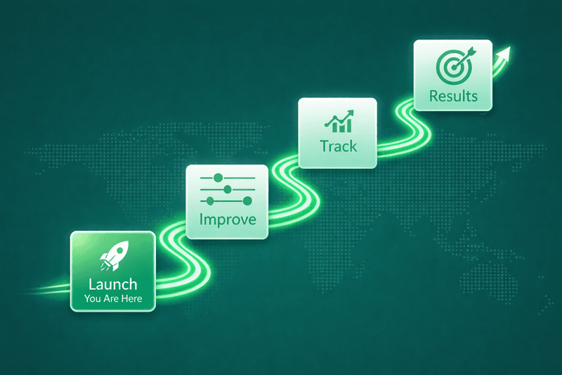 Flow graphic illustrating website optimization process