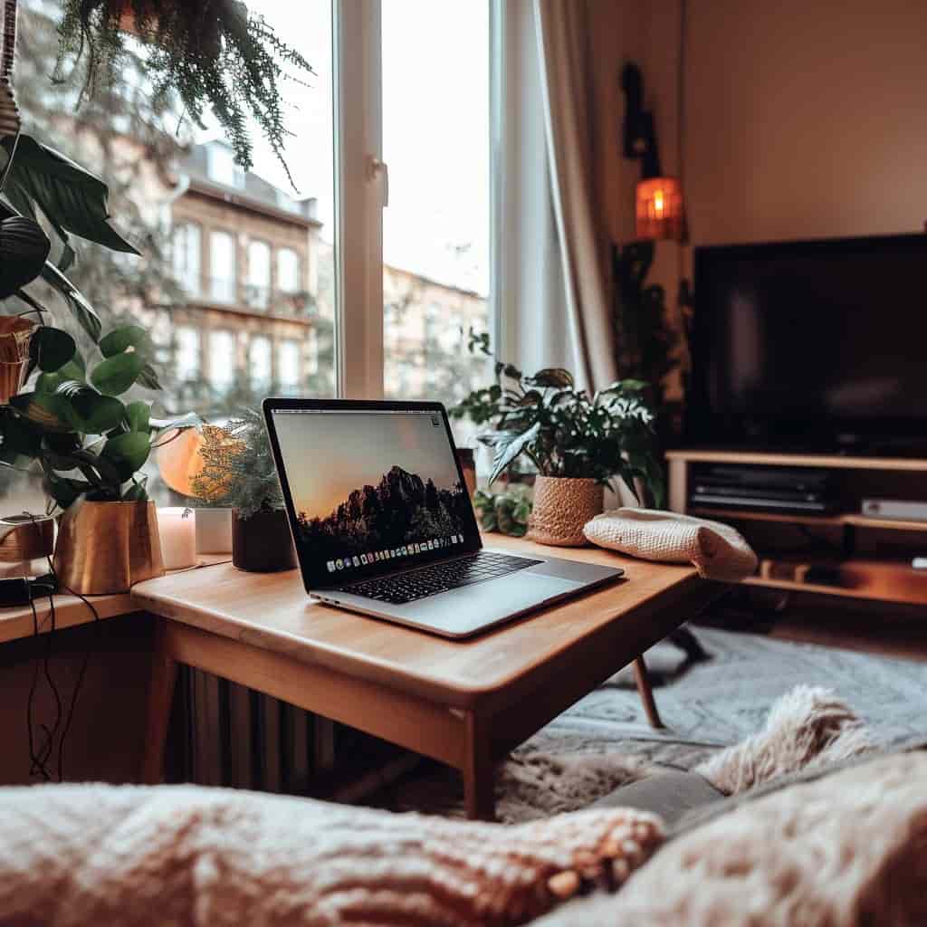 Laptop on table in a cozy living room.