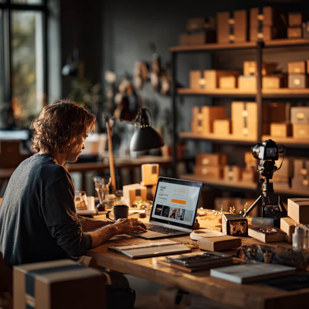 Happy small business owner smiling in his shop with a laptop sitting on a table next to him.